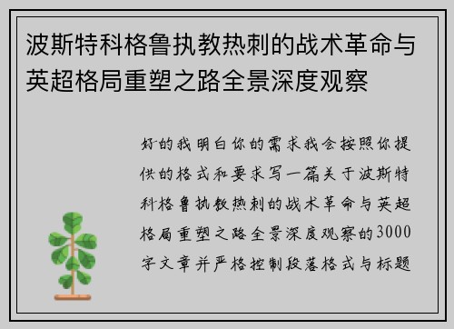 波斯特科格鲁执教热刺的战术革命与英超格局重塑之路全景深度观察