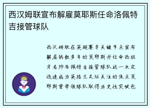 西汉姆联宣布解雇莫耶斯任命洛佩特吉接管球队 西汉姆联宣布解雇莫耶斯任命洛佩特吉接管球队